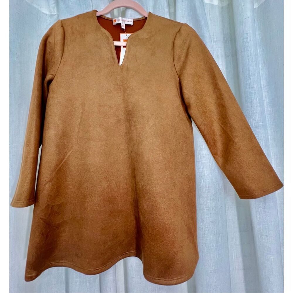 NWT Jude Connally Women's Darcie Faux Suede 3/4 Sleeve Tunic Top Saddle Sz Small